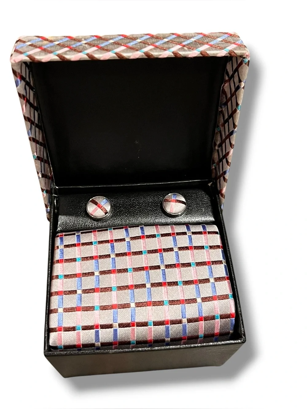 100% Silk Tie & Matching Cufflinks Gift Set : Light Purple/Multi Color Check D-3